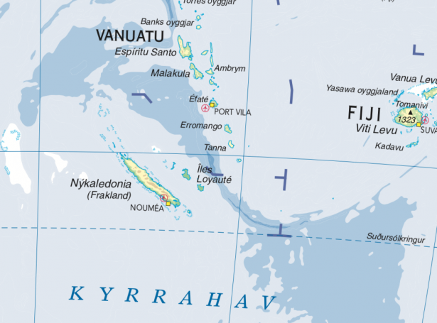 Jarðskjálvtin rakti eystan fyri Ný Kaledonia og sunnan fyri Vanuatu (Kort: Nám)