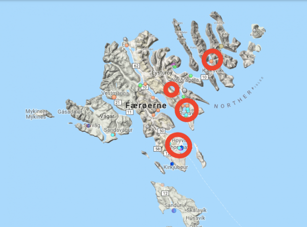 Reyðu frámerkini á myndini vísa støðini kring landið, har fólk verða órógvað av larmi frá skipum (Mynd: Heimafriður)