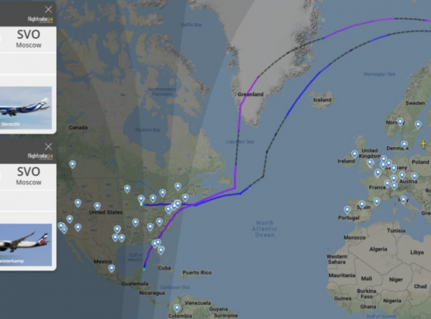 Flogførini úr Meksiko og USA í gjár máttu flúgva ein langan umveg fyri at koma heim til Moskva (Mynd: flightradar24.com)