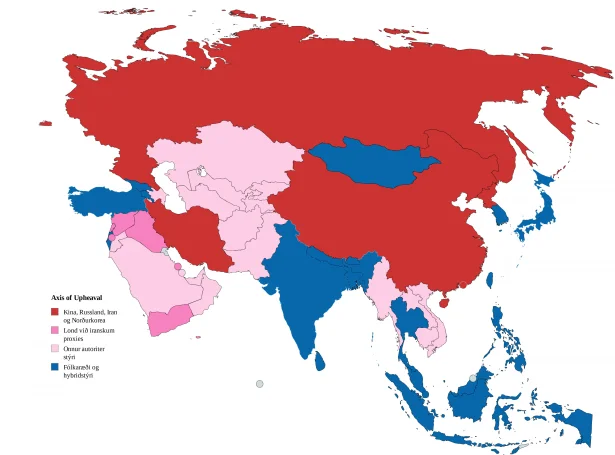 Myndatekstur: Asia er í dag býtt milum autoriter og deḿokratisk/hybrid stýri. Kina, Russland, Iran og Norðurkorea verða í hesi tíðargrein umtalað sum “aksamaktir”.