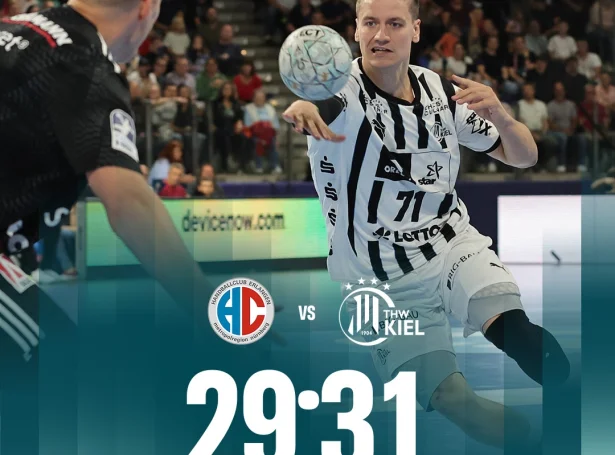 Serliga í fyrra helmingini av seinna hálvleiki gjørdu Elias Ellefsen á Skipagøtu og Kiel-álopið bart (Mynd: THW Kiel)