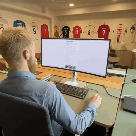 Fótbóltsminnir prýða skrivstovuna