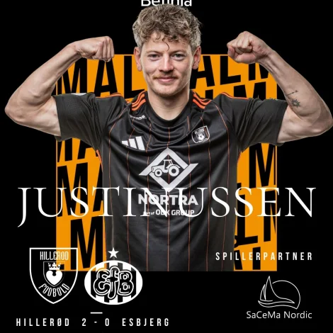 Fyri fimtu ferð í níggju dystum sló Adrian Justinussen til. Talan var um eitt ógvuliga flott langskot frá føroyinginum (Mynd: Hillerød Fodbold)