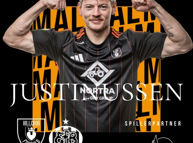 Fyri fimtu ferð í níggju dystum sló Adrian Justinussen til. Talan var um eitt ógvuliga flott langskot frá føroyinginum (Mynd: Hillerød Fodbold)