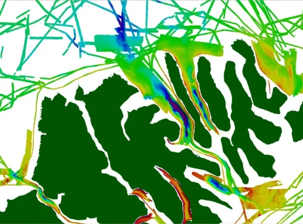 Myndin vísir dýpdardátur frá sjóuppmátingum hjá Umhvørvisstovuni við rannsóknarskipinum Jákup Sverri.