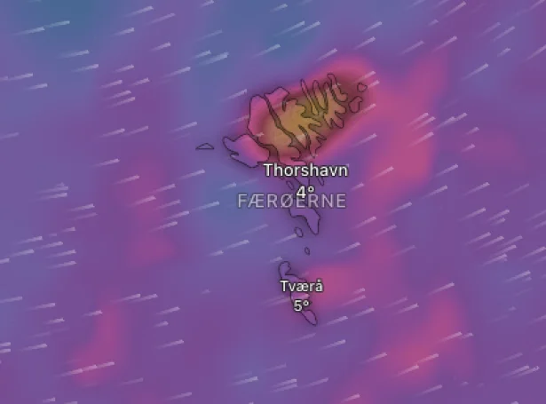 Tað er serliga sunnudagin, at vindurin verður nógvur (Skíggjamynd: windy.com)