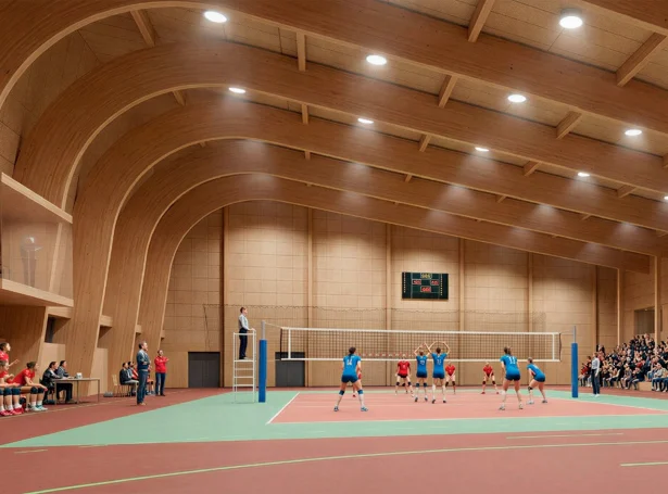 Høllin verður lýst soleiðis: Innan er høllin innbjóðandi og fjálg. Hallarrúmið myndar eina fullfíggjaða heild, har berandi límtræ myndar eitt tektoniskt rúm, ið er við til at stimbra og skapa synergi til tað byggilistarliga