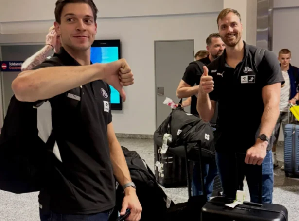 Nýggi slovenska stjørnan hjá THW Kiel,.Domen Makuc, koyrir tummil niður, men lagið á Andreas Wolff, ein av heimsins bestu málverjum, er gott á flogvøllinum í Aalborg (Mynd: THW Kiel)