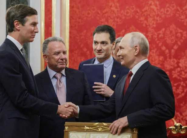 Russiski forsetin, Vladimir Putin tekru ímóti amerikonsku sendifólkunum, Steve Witkoff og Jared Kushner (Mynd: AFP/Ritzau Scanpix)