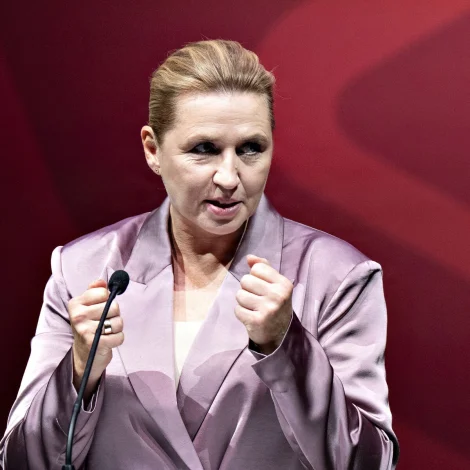 Mette Frederiksen á ársfundi hjá danska javnaðarflokkinum í dag (Mynd: Henning Bagger/Ritzau Scanpix)